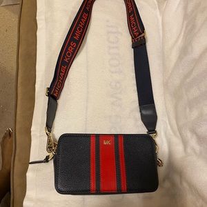 Michael Kors navy blue and red double zipper small purse
